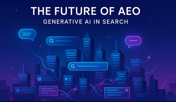 The future of AEO: Futuristic skyline made from search UI elements representing the future of search powered by generative AI.