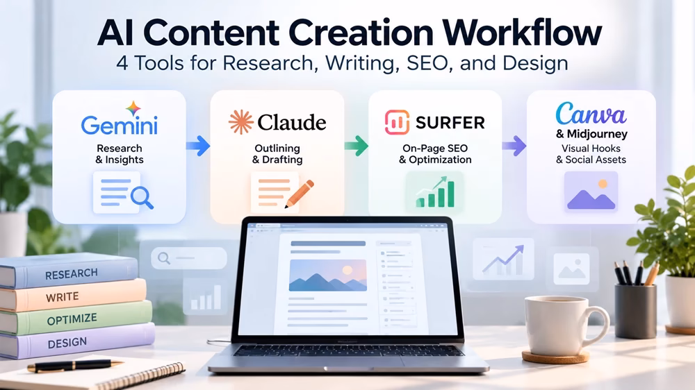 Four-stage AI content creation workflow covering research, writing, SEO optimization, and visual design