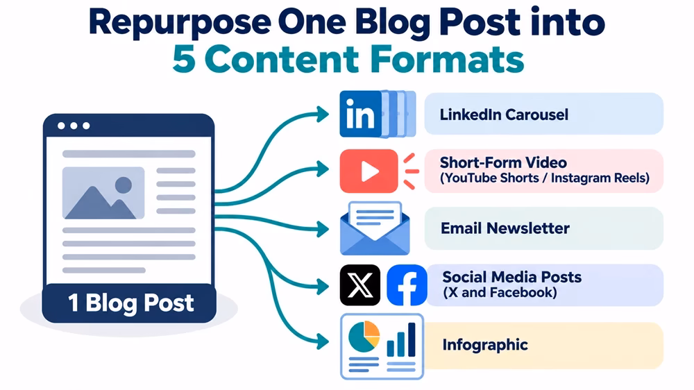 Image showing to repurpose a blog post into 5 social media content formats